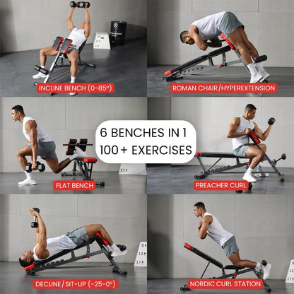 Finer Form multi-functional FID weight bench with adjustable incline, decline, flat positions, hyper back extension, Roman chair, and sit-up features.
