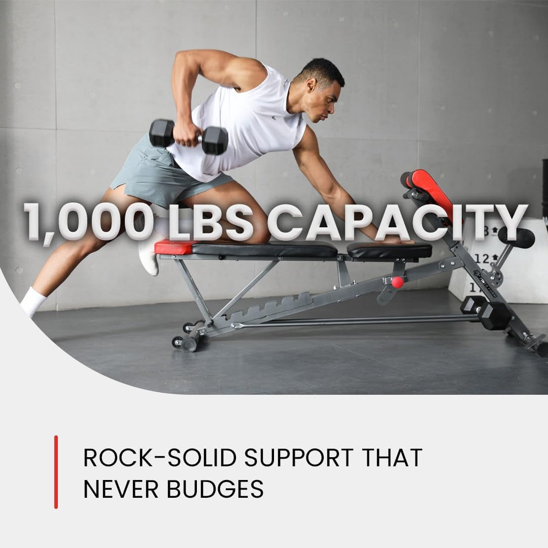 Finer Form multi-functional FID weight bench with adjustable incline, flat, decline, hyper back extension, Roman chair, and sit-up features.