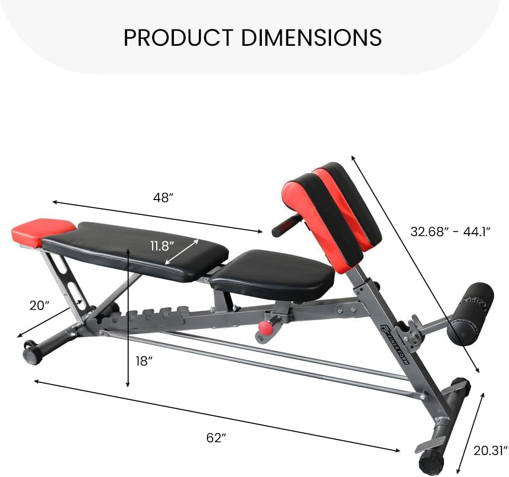 Finer Form multi-functional FID weight bench with adjustable incline, decline, flat positions, hyper back extension, and Roman chair for workouts