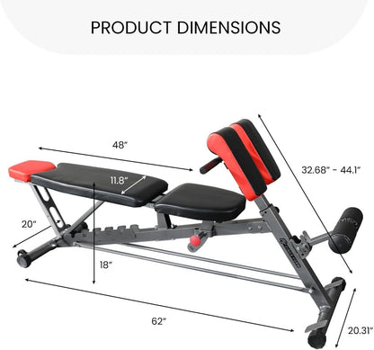 Finer Form multi-functional FID weight bench with adjustable incline, decline, flat positions, hyper back extension, and Roman chair for workouts