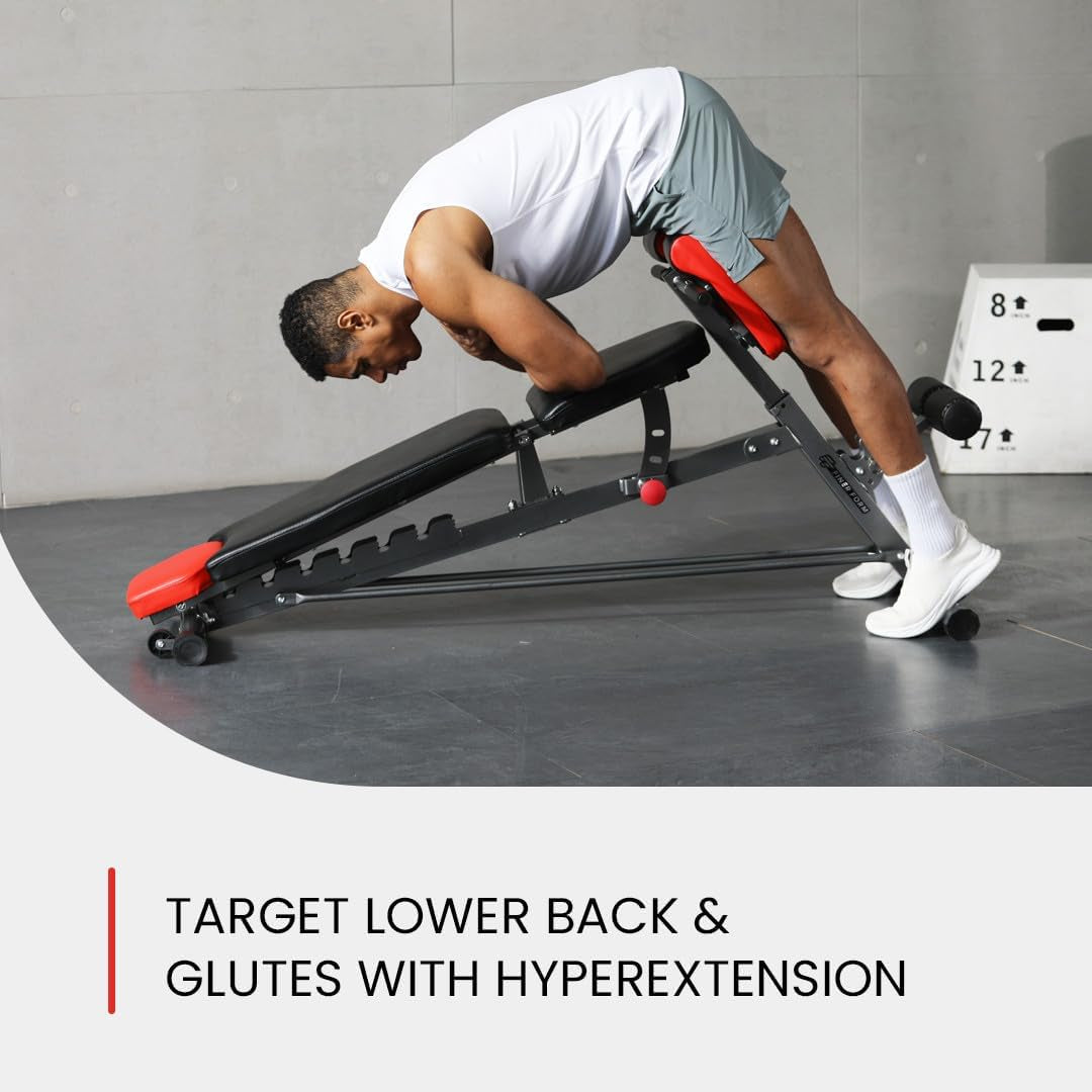 My Store 2 Finer Form multi-functional FID weight bench with adjustable sections for back extension, sit-ups, incline, decline, and flat workouts.