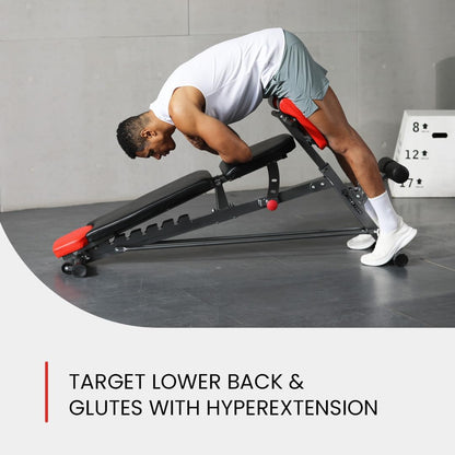 My Store 2 Finer Form multi-functional FID weight bench with adjustable sections for back extension, sit-ups, incline, decline, and flat workouts.