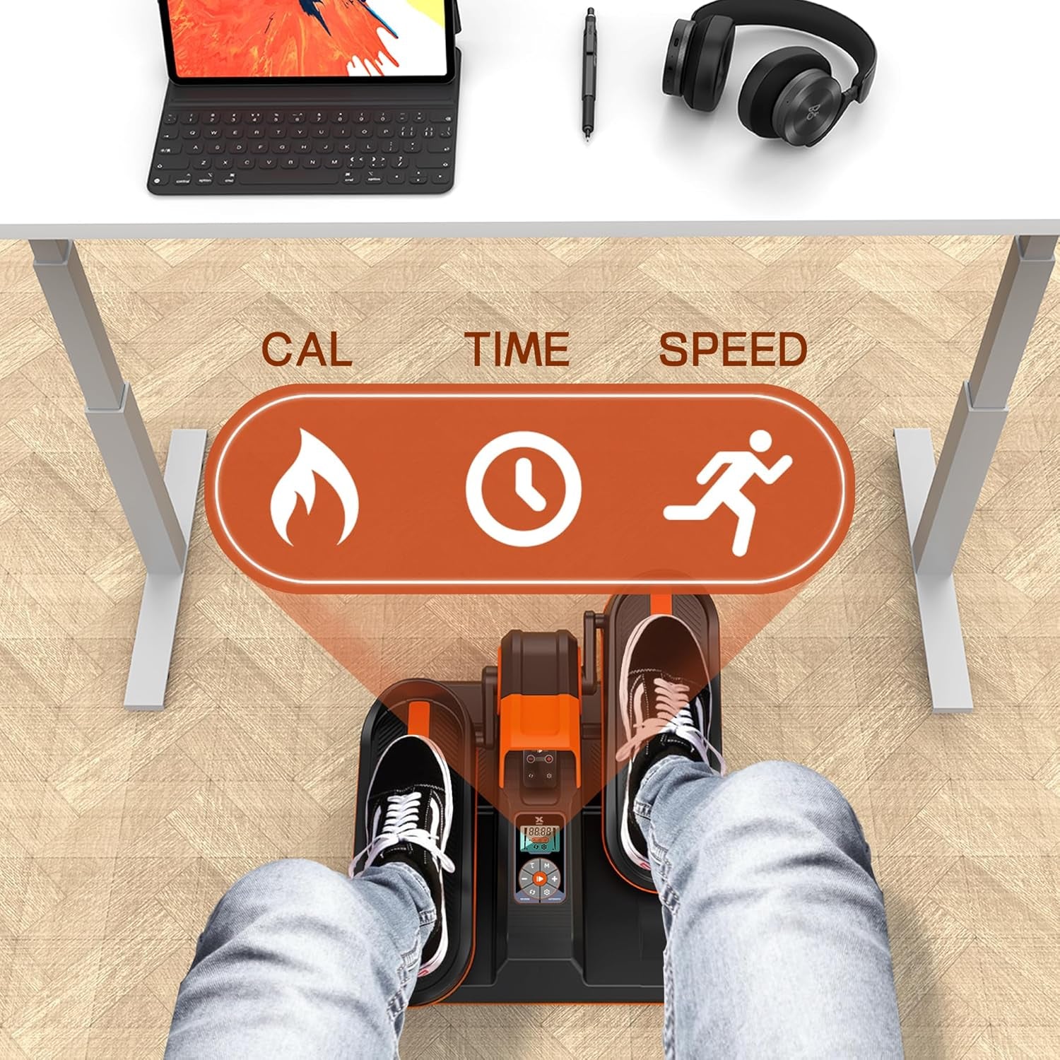 My Store 2 under desk elliptical exercise machine with touch screen control panel, remote, and wireless connectivity for home or office use.