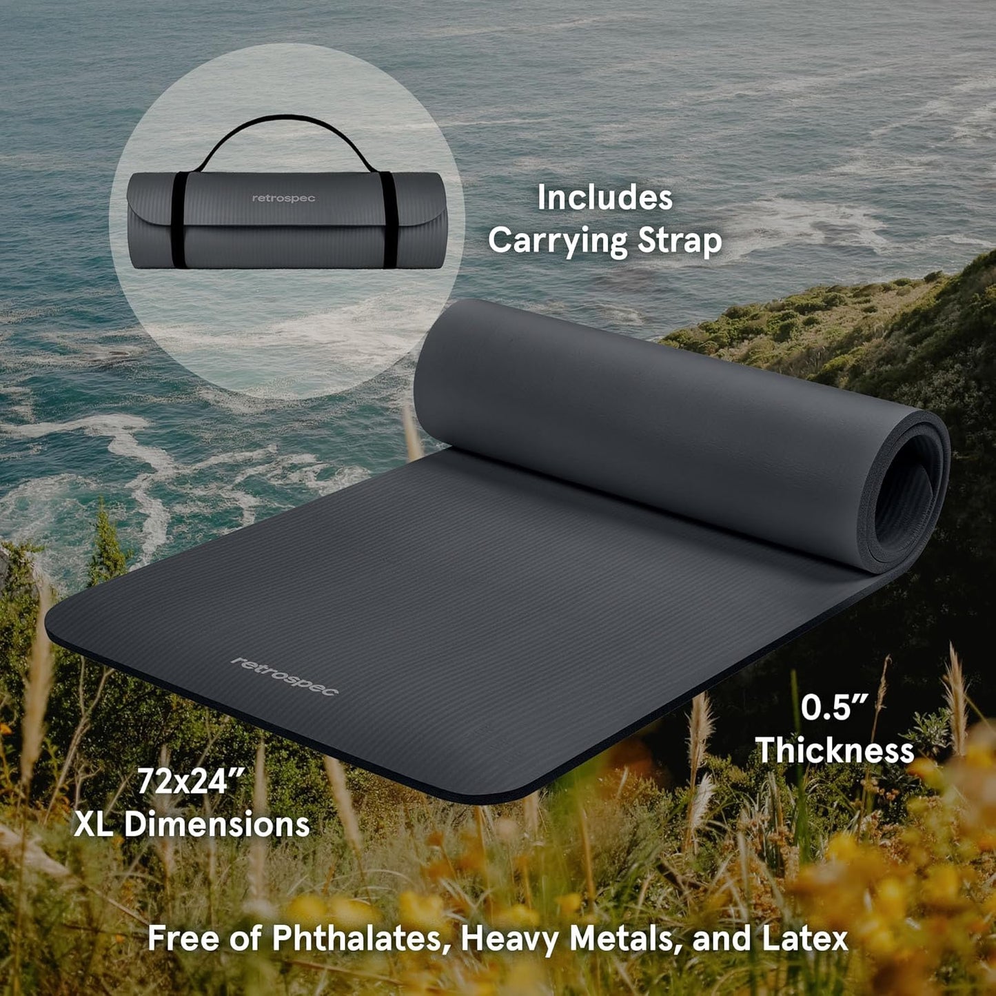 Graphite Solana Yoga Mat by My Store 2, 1/2-inch thick non-slip exercise mat with nylon strap, 72x24 inches for Pilates and fitness.