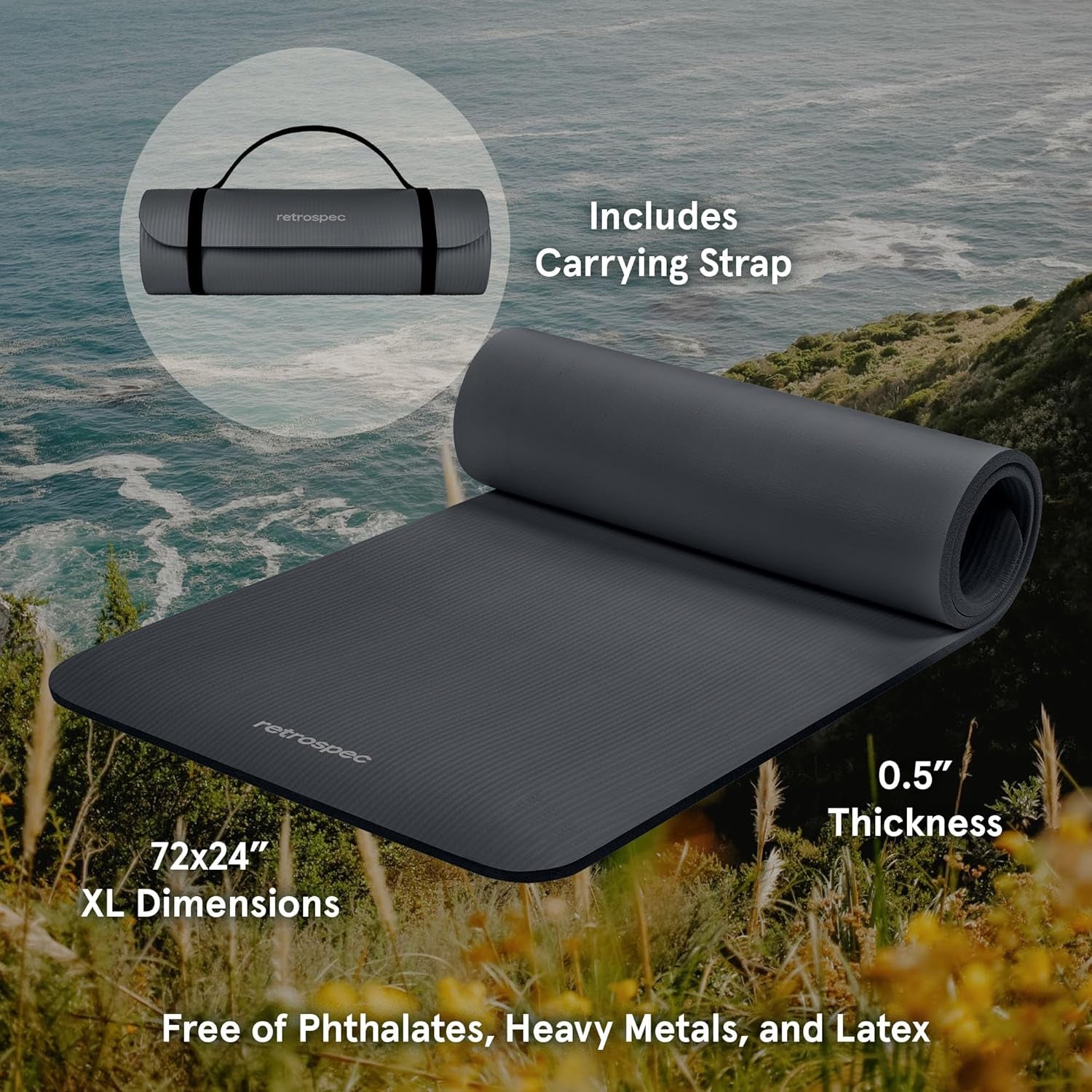Graphite Solana Yoga Mat by My Store 2, 1/2-inch thick non-slip exercise mat with nylon strap, 72x24 inches for Pilates and fitness.
