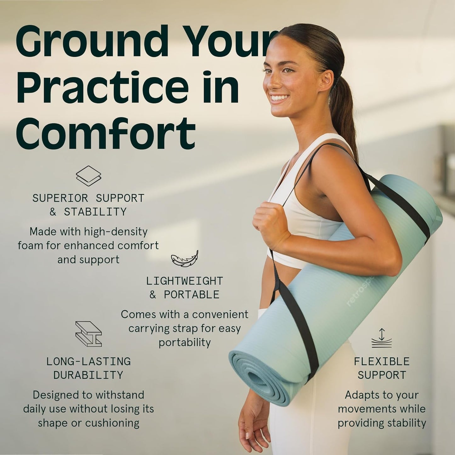 Graphite Solana yoga mat with 1/2-inch thickness, non-slip surface, nylon strap, suitable for Pilates, stretching, and fitness.