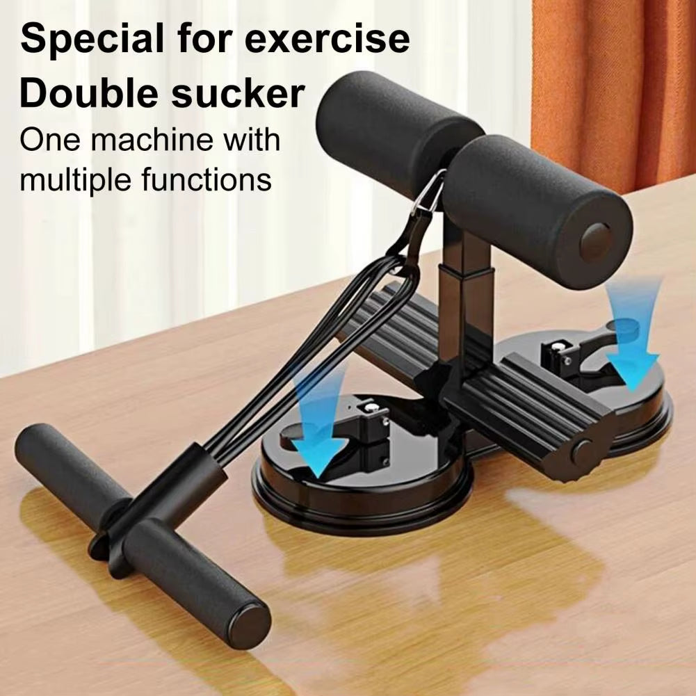 Grey CoreMax Sit-Up Assistant Bar with resistance band and dual suction cups, ideal for home gym core exercises and abdominal workouts.