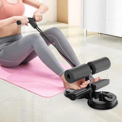 CoreMax™ Sit-Up Assistant Bar with Resistance Band and dual suction cups, grey home gym trainer for core workouts.
