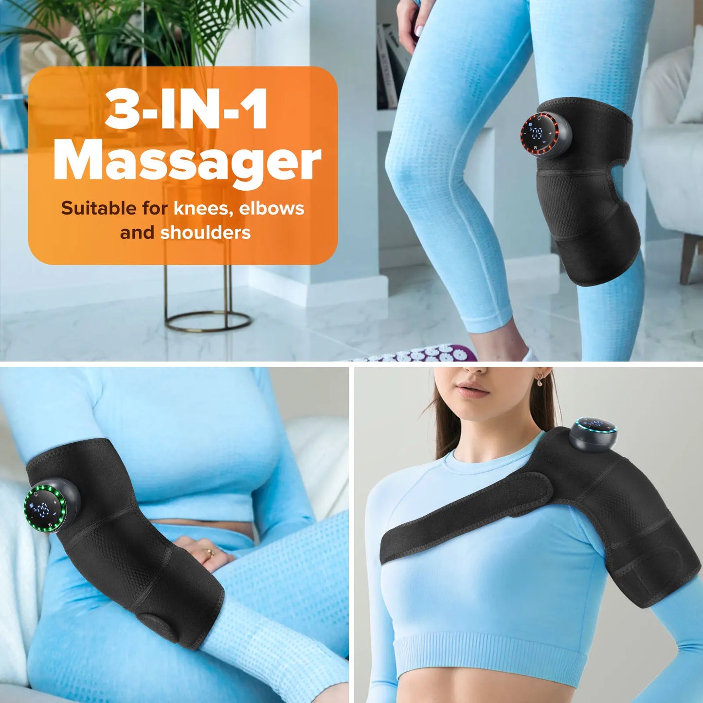Electric heated shoulder and knee massager by ThermaRelief™ with heating and vibration functions for soothing relief.