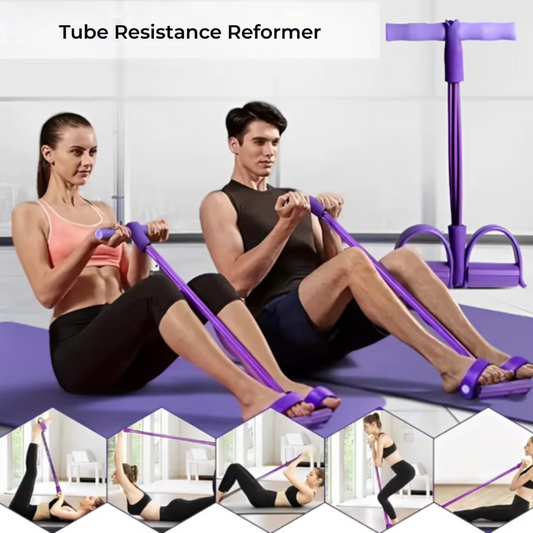 Pink and grey Total Body Shaper™ 4-Tube Resistance Reformer for full-body workouts, featuring adjustable resistance tubes.