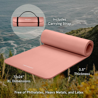 My Store 2 Solana yoga mat in rose color, 1/2 inch thick, non-slip surface with nylon strap, 72x24 inches for Pilates and fitness.
