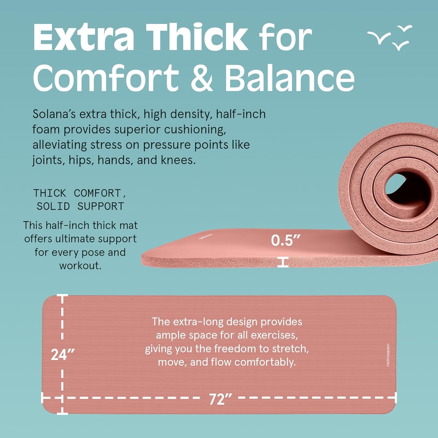 My Store 2 Solana yoga mat, 1/2 inch thick, non-slip surface, 72x24 inches, with nylon strap for Pilates, stretching, and fitness.