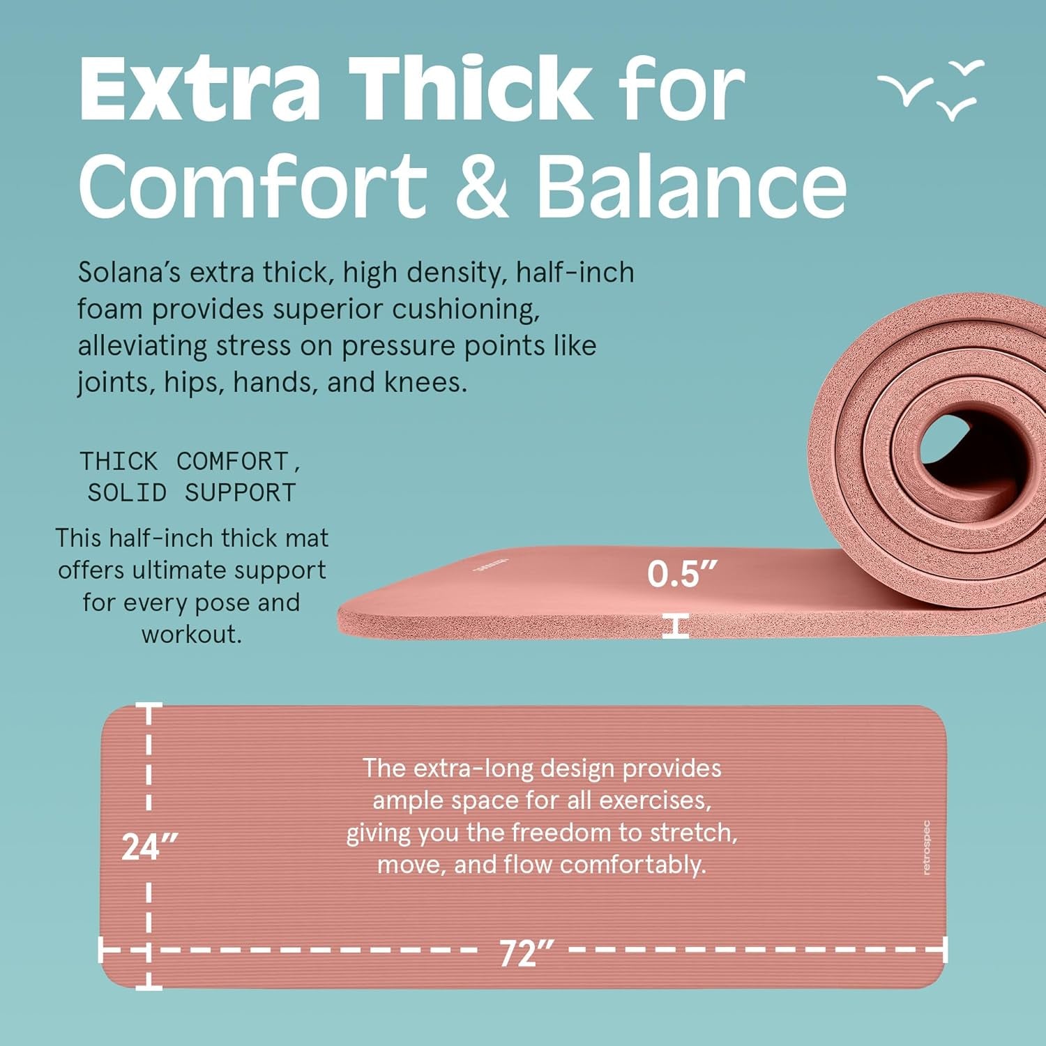 My Store 2 Solana yoga mat, 1/2 inch thick, non-slip surface, 72x24 inches, with nylon strap for Pilates, stretching, and fitness.