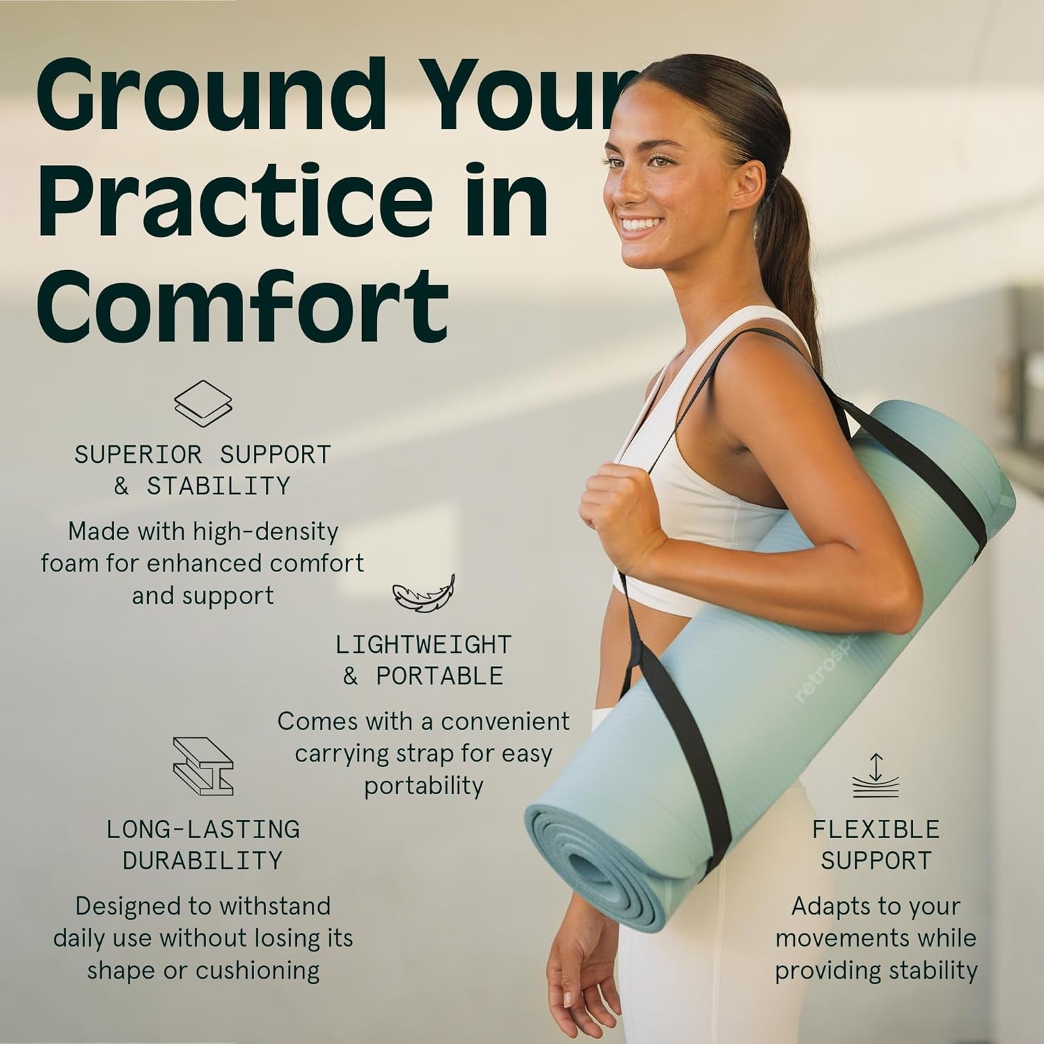 My Store 2 Solana yoga mat, 1/2-inch thick, non-slip exercise mat with nylon strap, suitable for Pilates, stretching, and fitness.