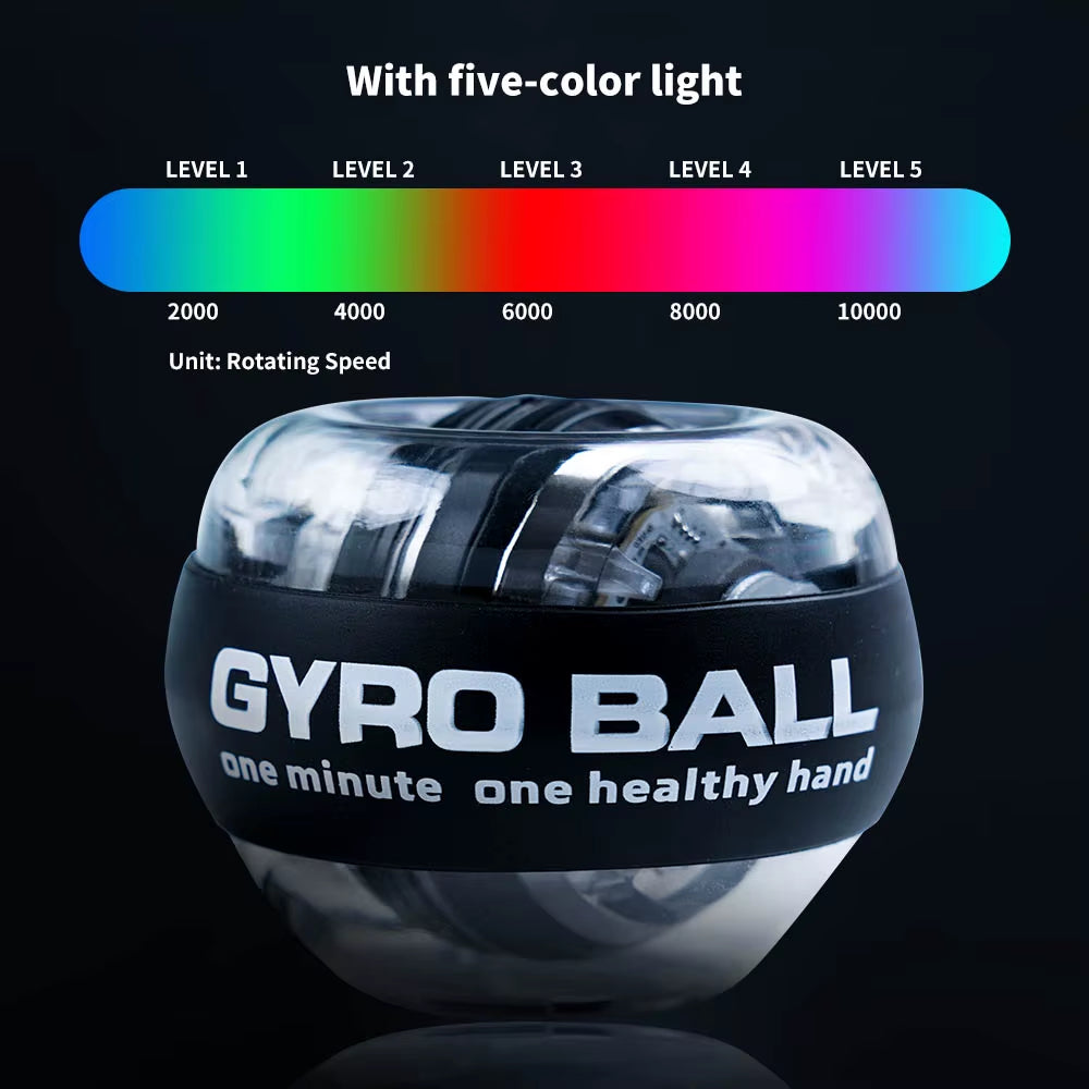 My Store 2 GyroForce™ LED Power Wrist Ball glowing with five colorful lights, designed to enhance grip strength and wrist fitness.