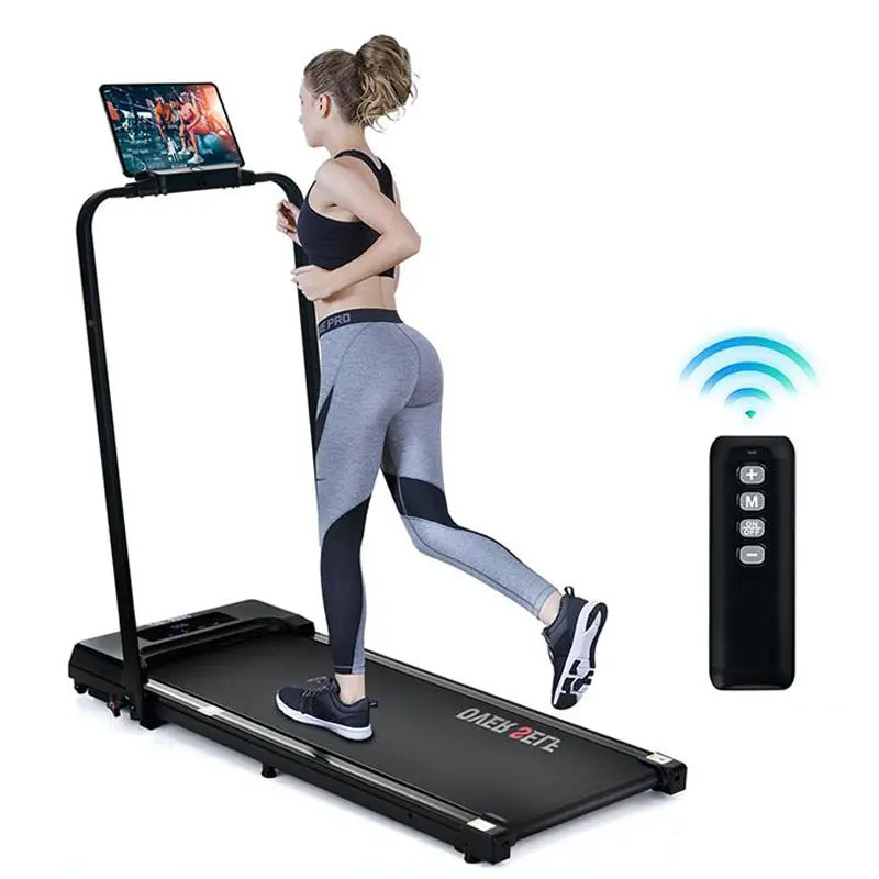 My Store 2 2-in-1 portable treadmill with handle, compact design for home and office use, showing the running belt and handle.
