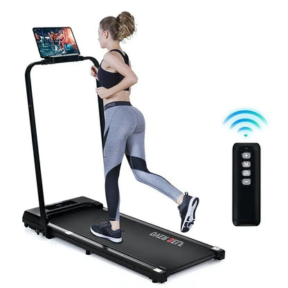 My Store 2 2-in-1 portable treadmill with handle, compact design for home and office use, showing the running belt and handle.