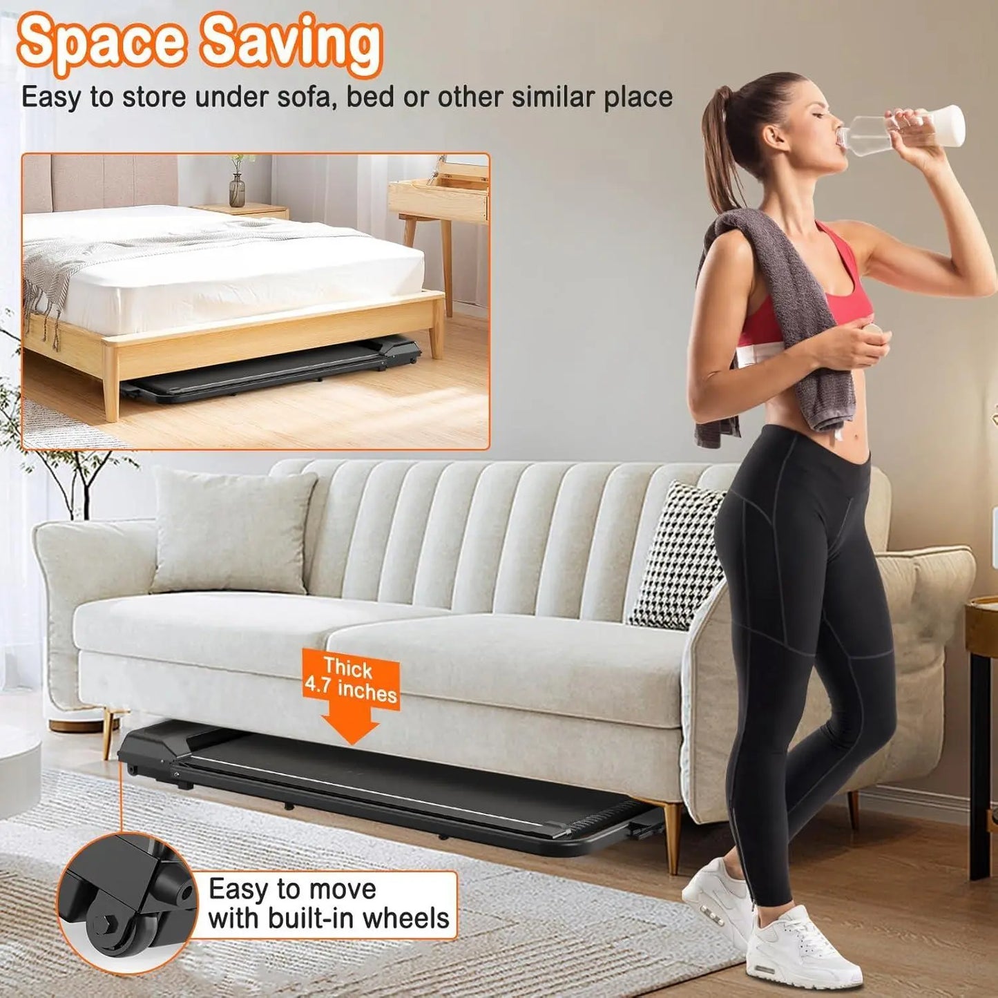 My Store 2 2-in-1 portable treadmill with handle, compact design for home and office use, showing running surface and control panel.
