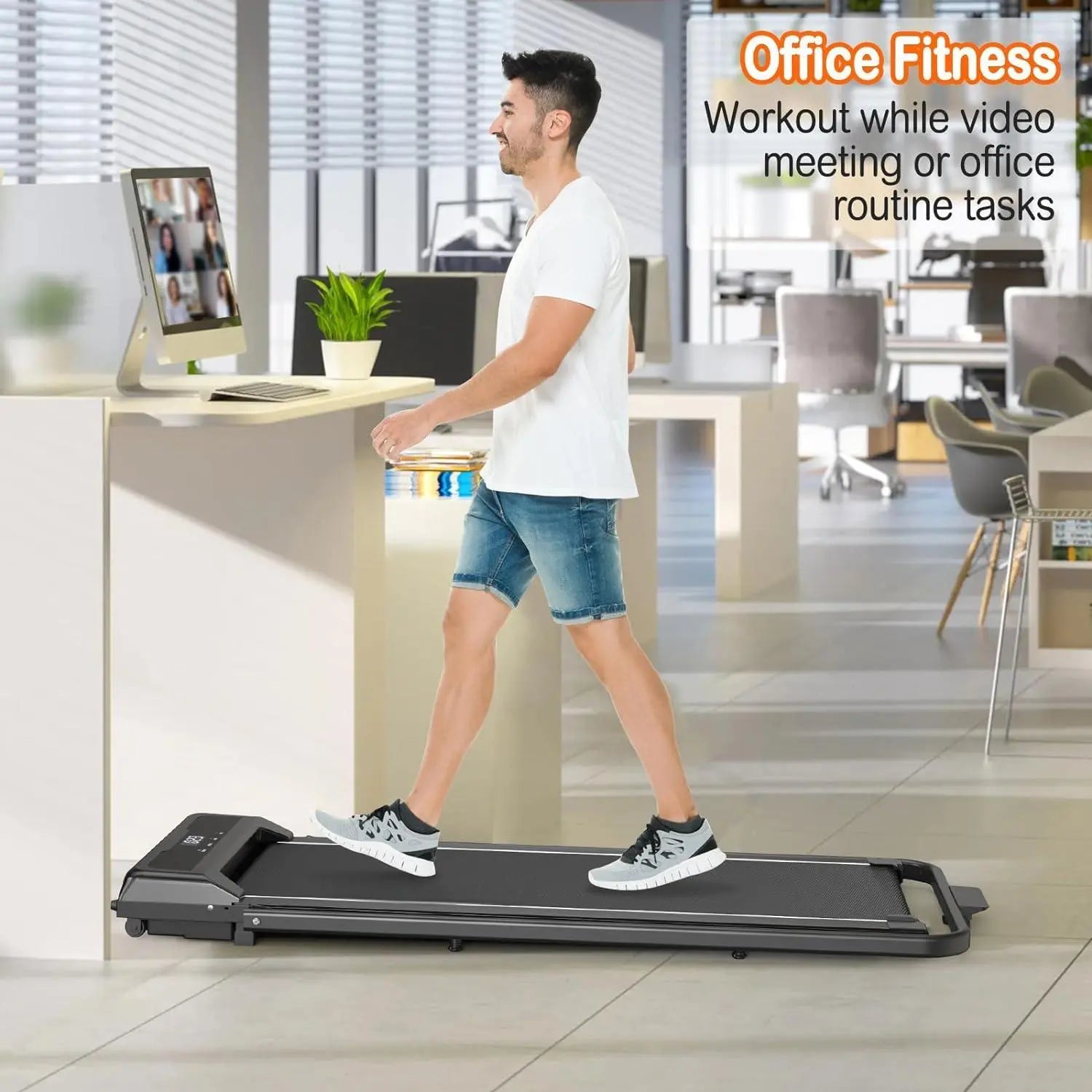 My Store 2 2-in-1 portable treadmill with handle, compact design for home and office use, showing the treadmill on a clean floor.