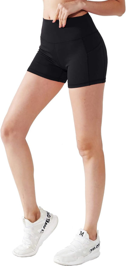 Set of three women's high waist athletic shorts in grey, black, and purple with deep pockets for yoga and running by My Store 2