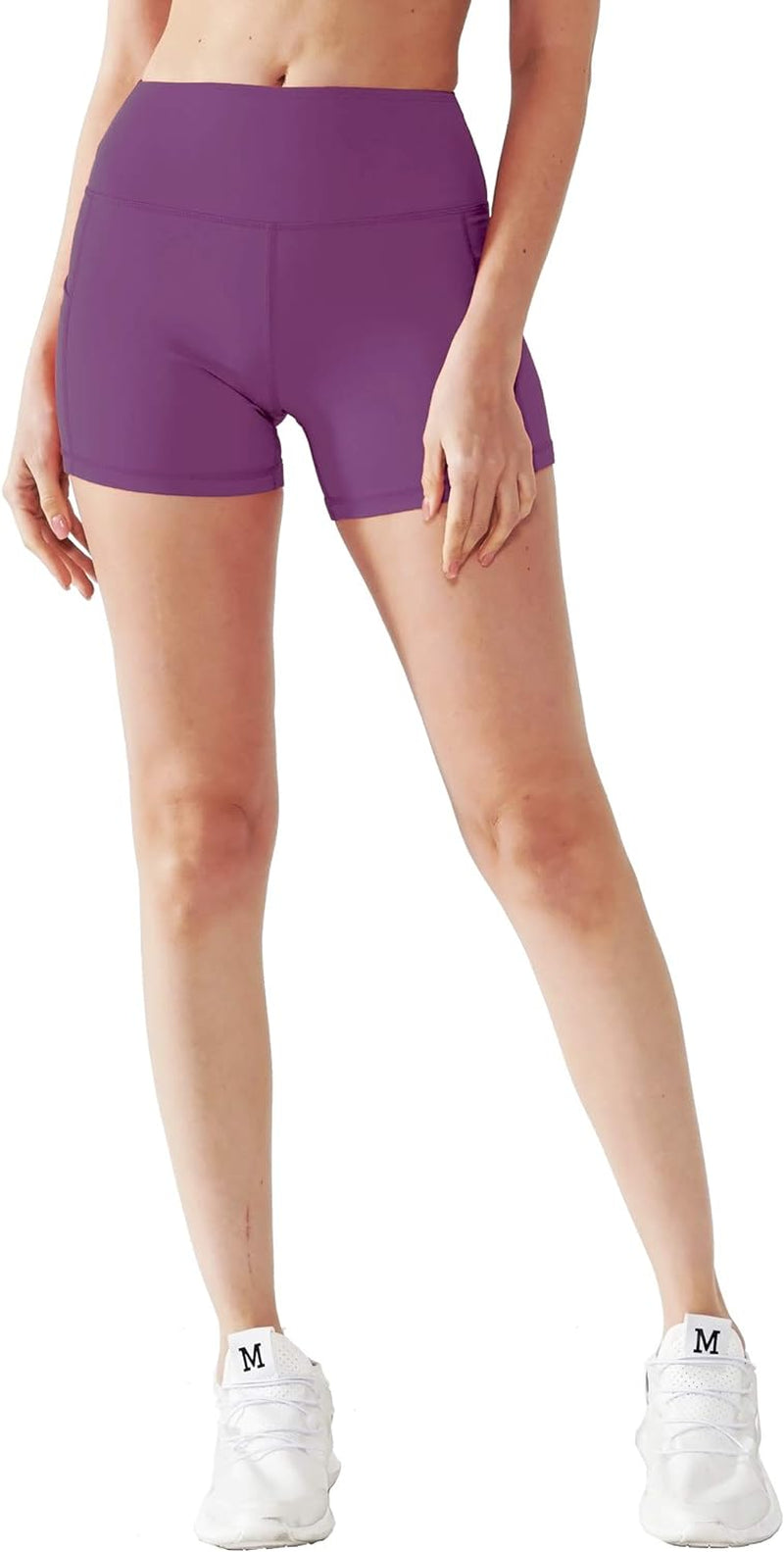 Pack of three women's high waist athletic shorts by My Store 2, in grey, black, and purple, with deep pockets for yoga and running.