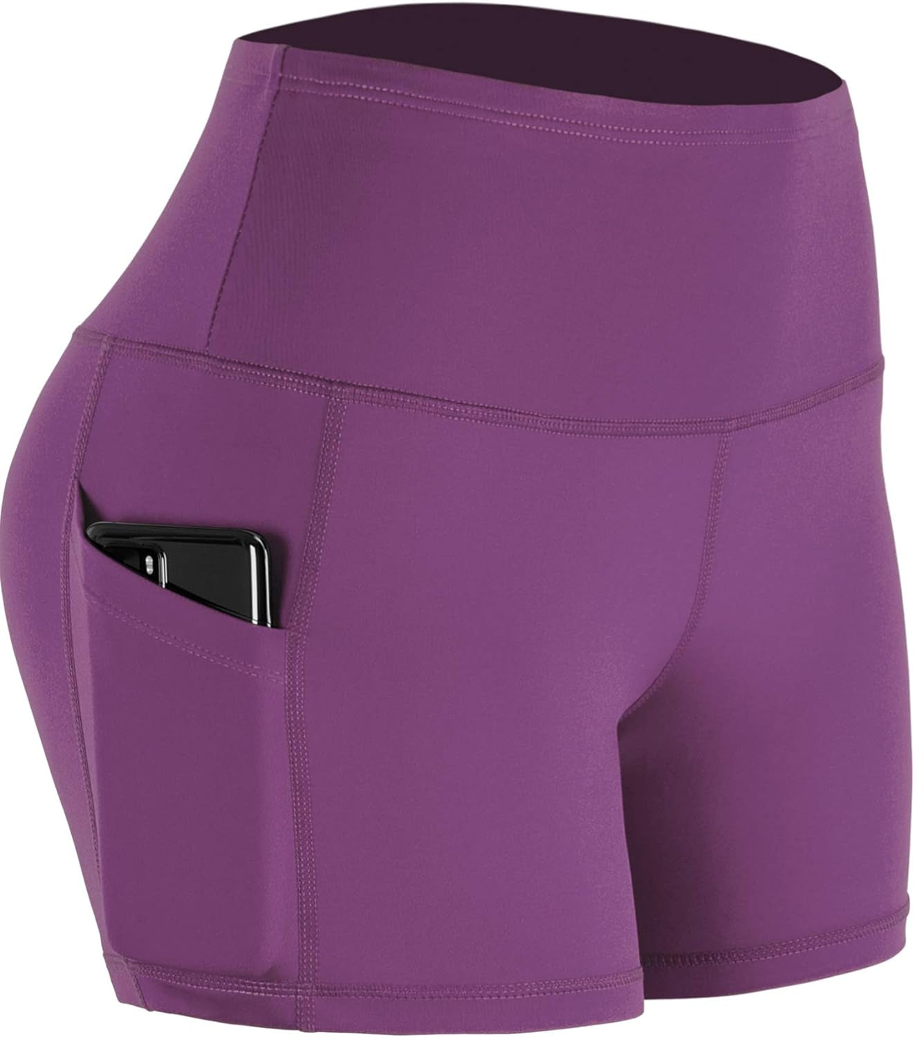 Set of three women's high waist athletic shorts in grey, black, and purple with deep pockets for yoga, fitness, and running.