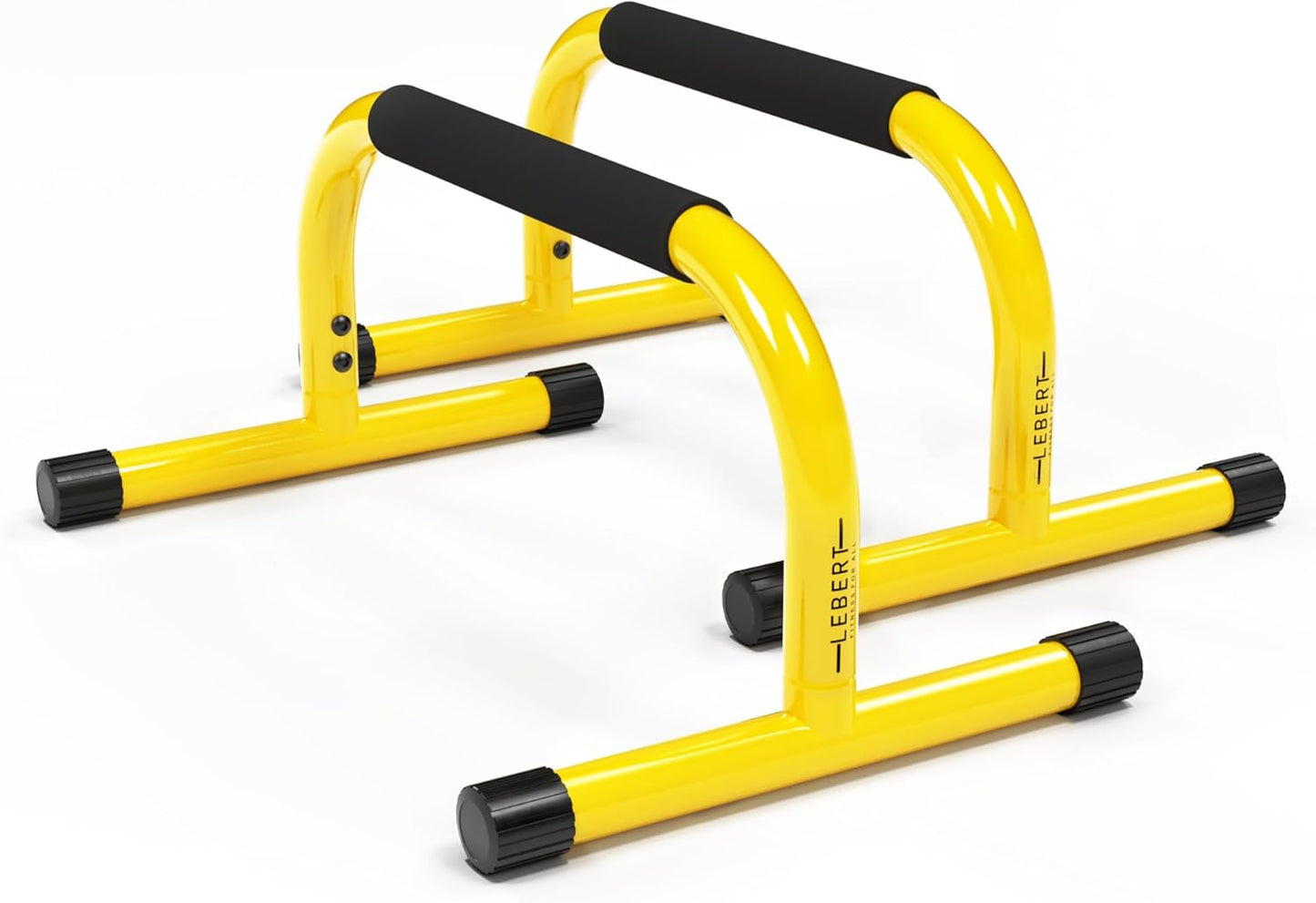 Yellow parallel bars for push-ups and dips, ideal for home gym, gymnastics, calisthenics, and strength training for men and women.