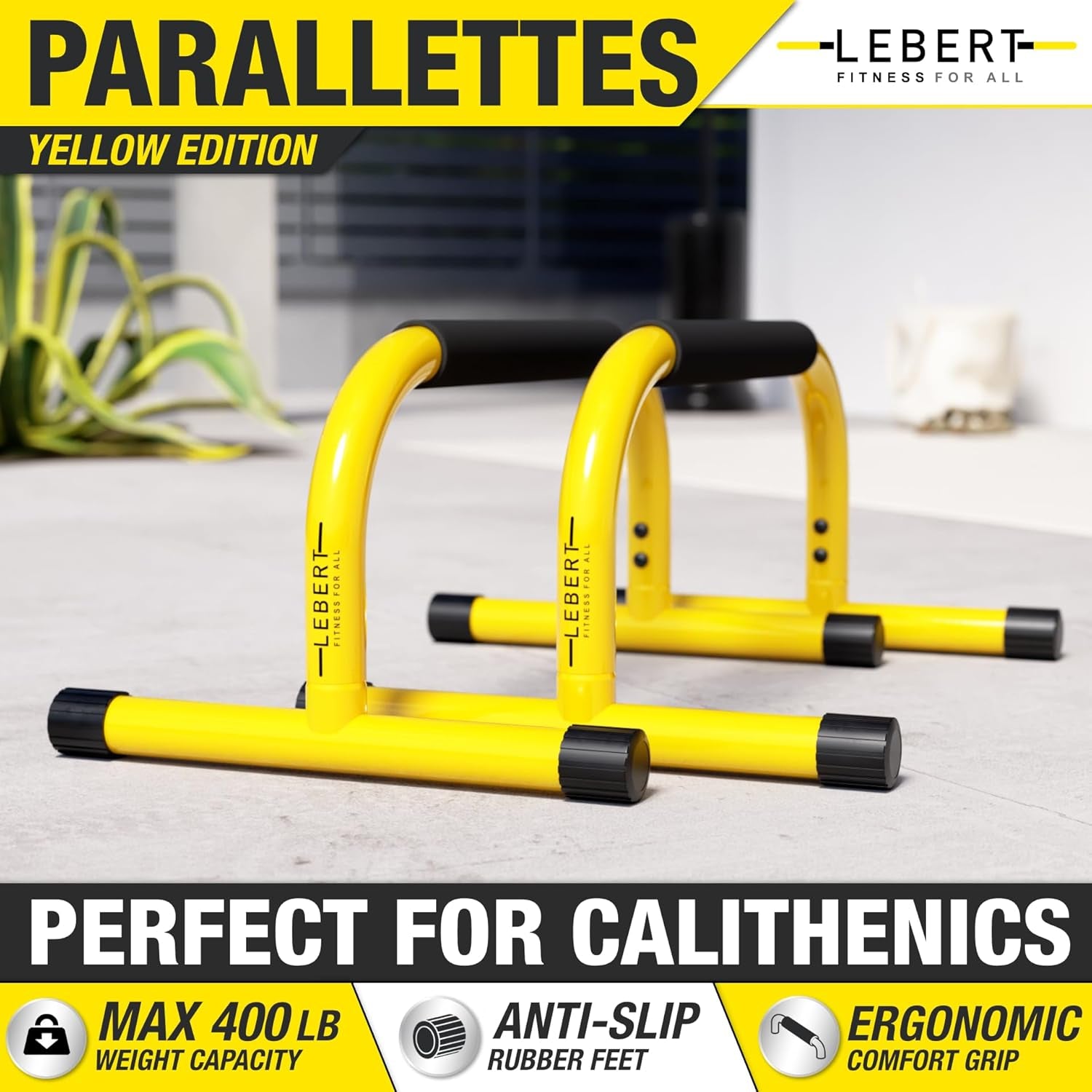 Yellow Parallette Push-up Bars and Dip Station Stand for home gym, ideal for calisthenics, strength training, and gymnastics exercises.