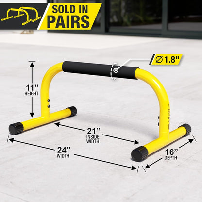 Yellow Parallette push-up bars and dip station stand for home gym, gymnastics, calisthenics, and strength training exercises.