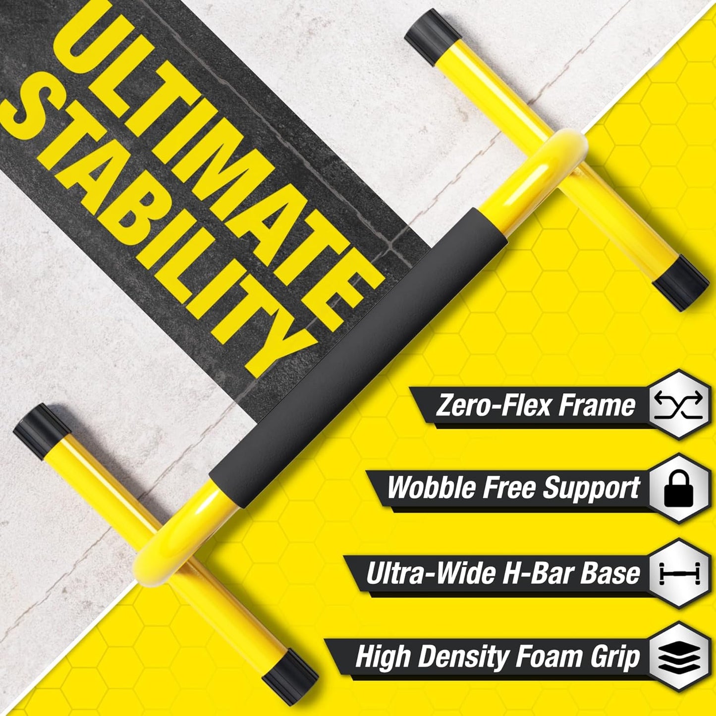 Yellow parallette push-up bars and dip station stand for home gym, suitable for gymnastics, calisthenics, and strength training.
