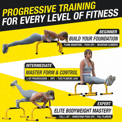 Yellow parallette push-up bars and dip station stand for home gym, ideal for gymnastics, calisthenics, and strength training.
