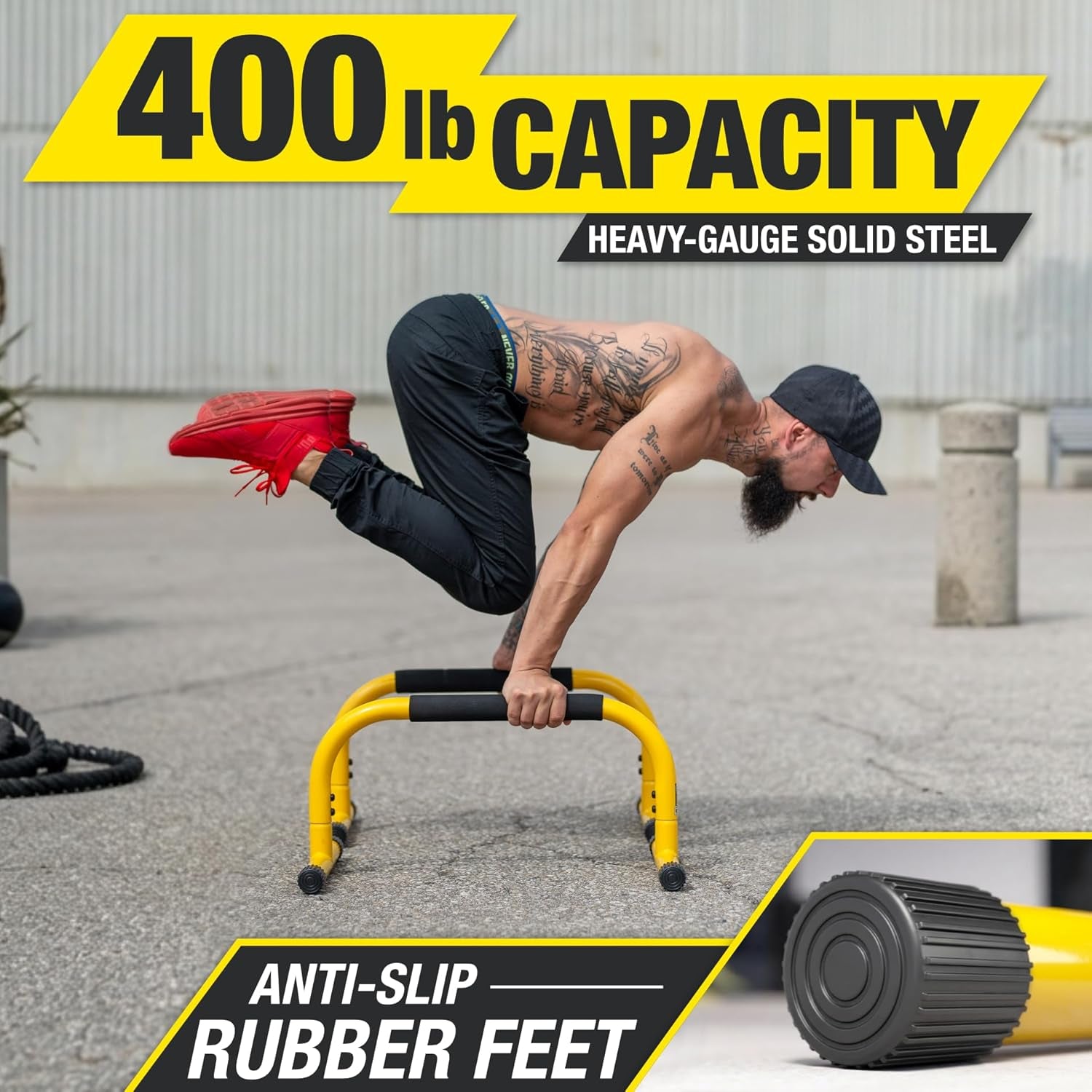 Yellow parallette push-up bars and dip station stand for home gym, ideal for gymnastics, calisthenics, and strength training exercises.
