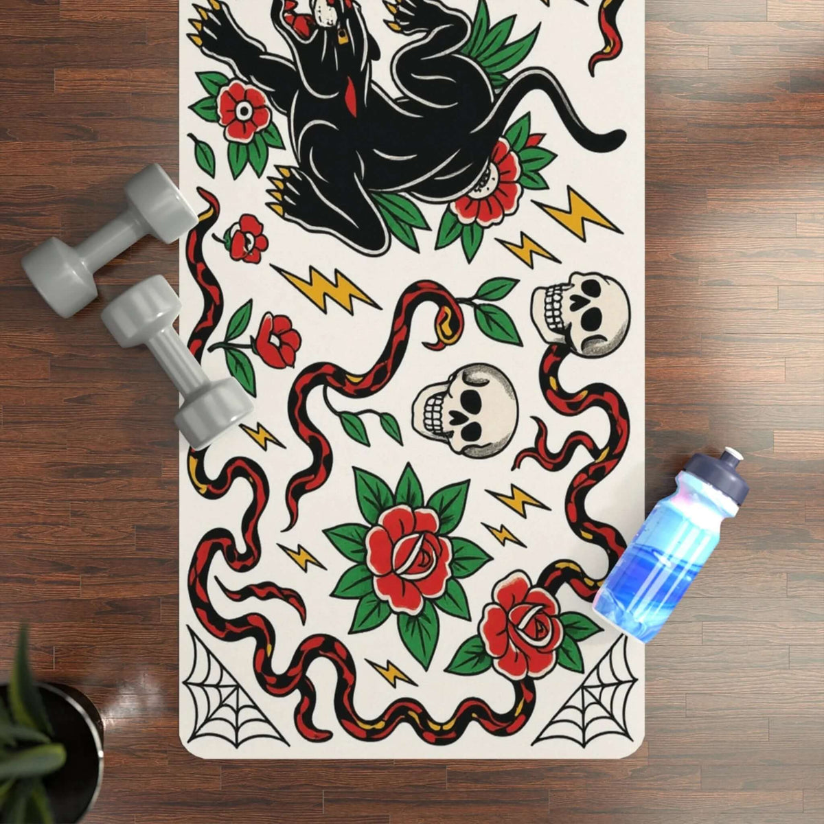 Black Cat Yoga Mat featuring vibrant designs with skulls and roses, ideal for yoga and fitness routines.