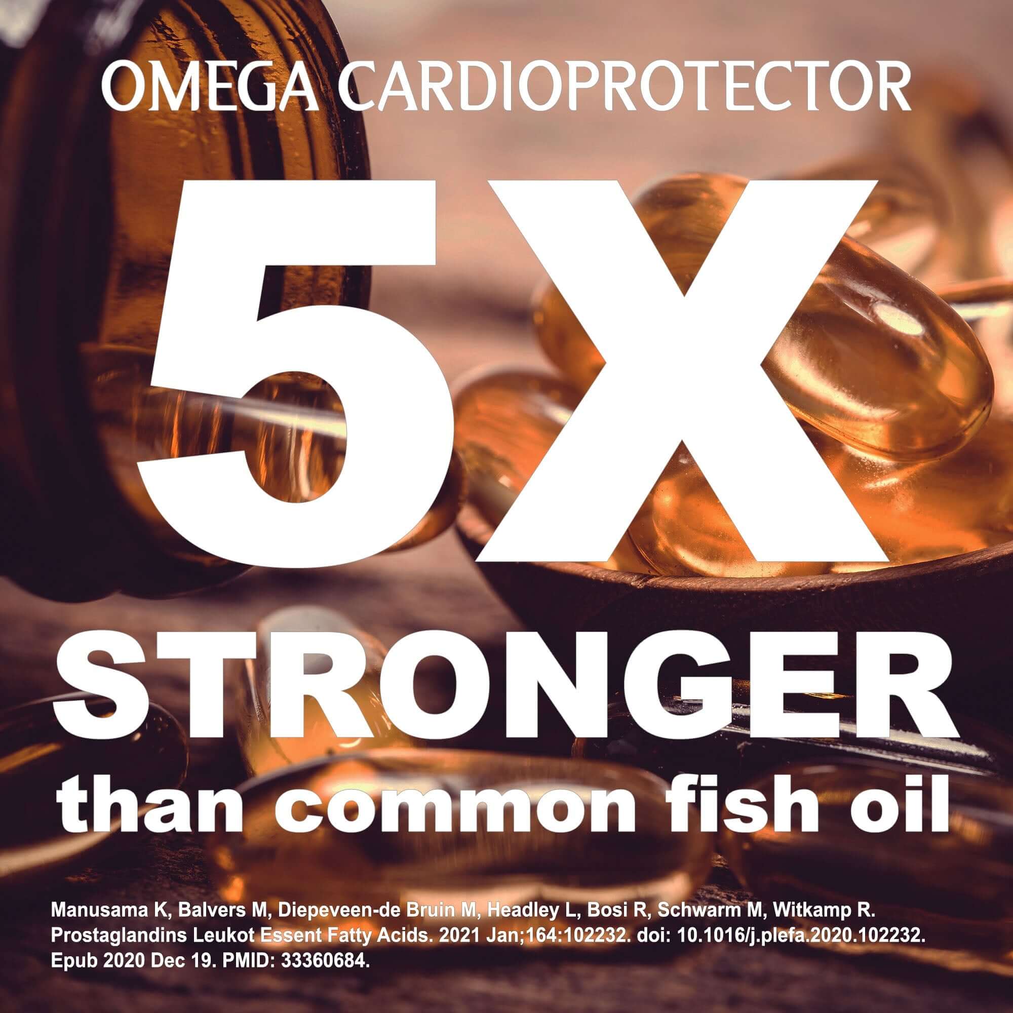 Omega Cardioprotector supplement bottle with softgels emphasizing 5X stronger than common fish oil.
