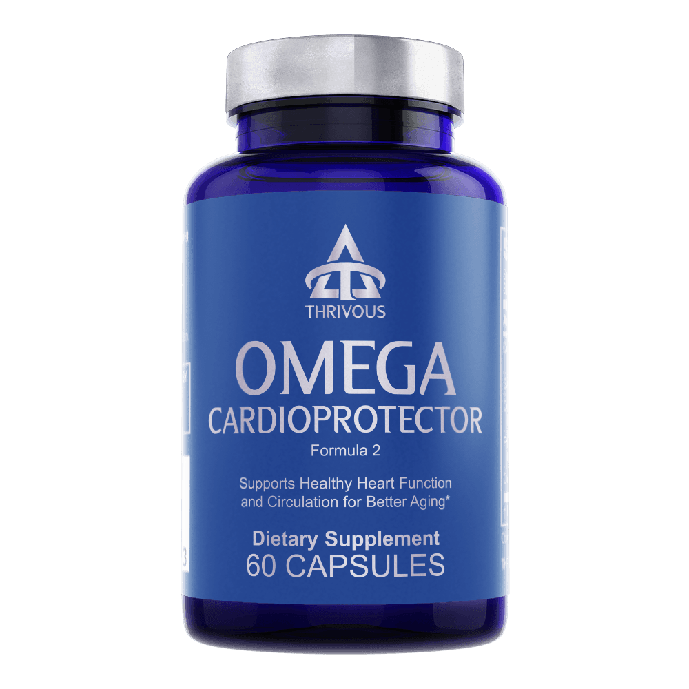 Omega Cardioprotector supplement bottle supporting heart health and active lifestyles, 60 capsules in vibrant blue packaging.