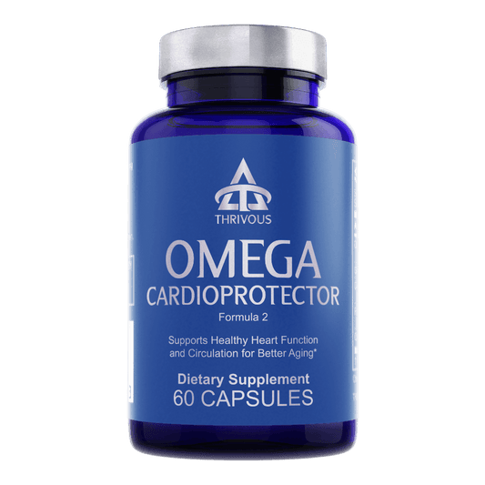 Omega Cardioprotector supplement bottle supporting heart health and active lifestyles, 60 capsules in vibrant blue packaging.