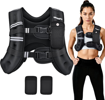 PACEARTH adjustable weighted vest in black with reflective stripe, designed for strength training, weight loss, running, walking, and jogging.