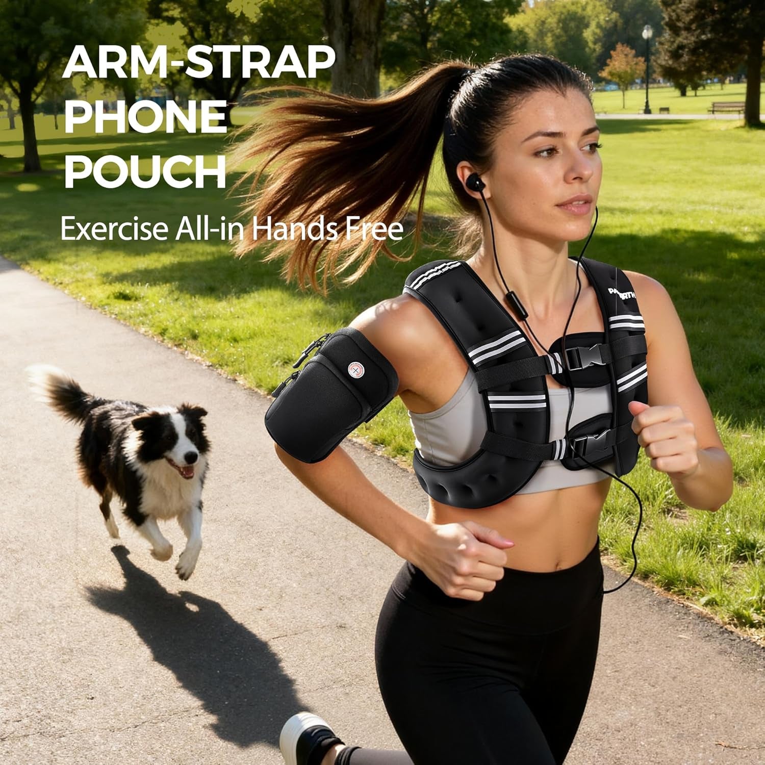 PACEARTH adjustable weighted vest in black with reflective stripe for strength training, weight loss, running, walking, and jogging.