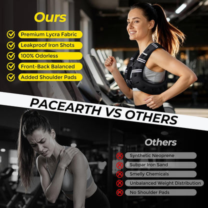 PACEARTH adjustable weighted vest in black with reflective stripe, designed for strength training, weight loss, running, and walking.