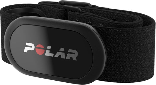 Polar H10 Heart Rate Monitor Chest Strap in black, waterproof design, adjustable size, and compatible with tracking devices.