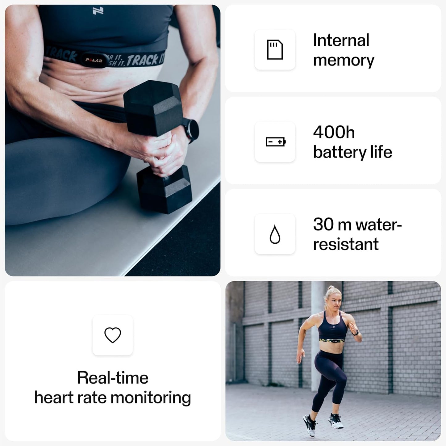 Black Polar H10 heart rate monitor chest strap with M-XXL size, designed for waterproof, accurate heart rate tracking for men and women.