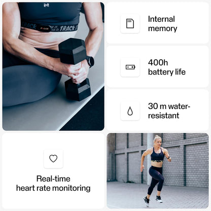 Black Polar H10 heart rate monitor chest strap with M-XXL size, designed for waterproof, accurate heart rate tracking for men and women.