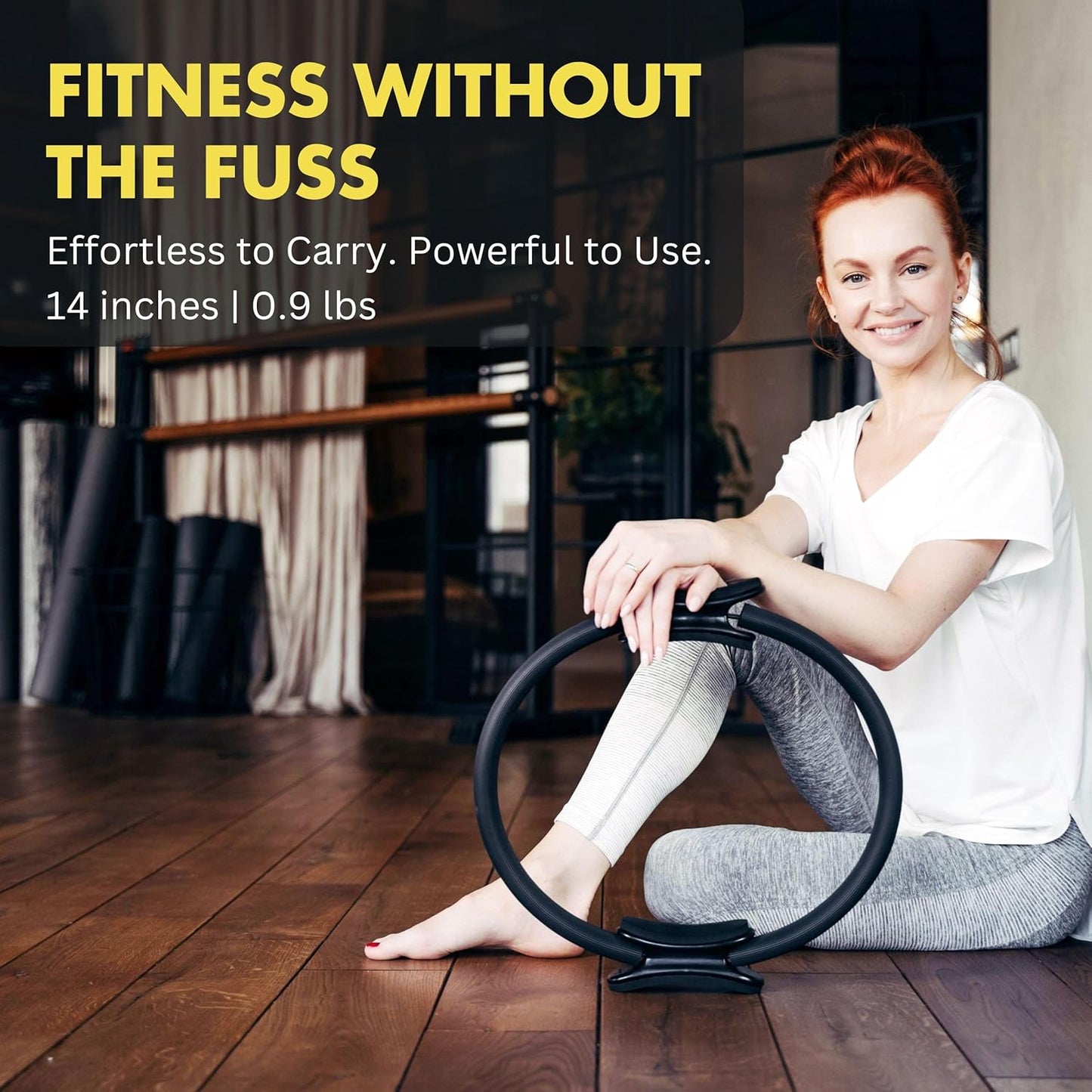 Blue ProBody Pilates Fitness Circle, 14-inch Pilates ring used for toning inner thighs, arms, and core during workout exercises.