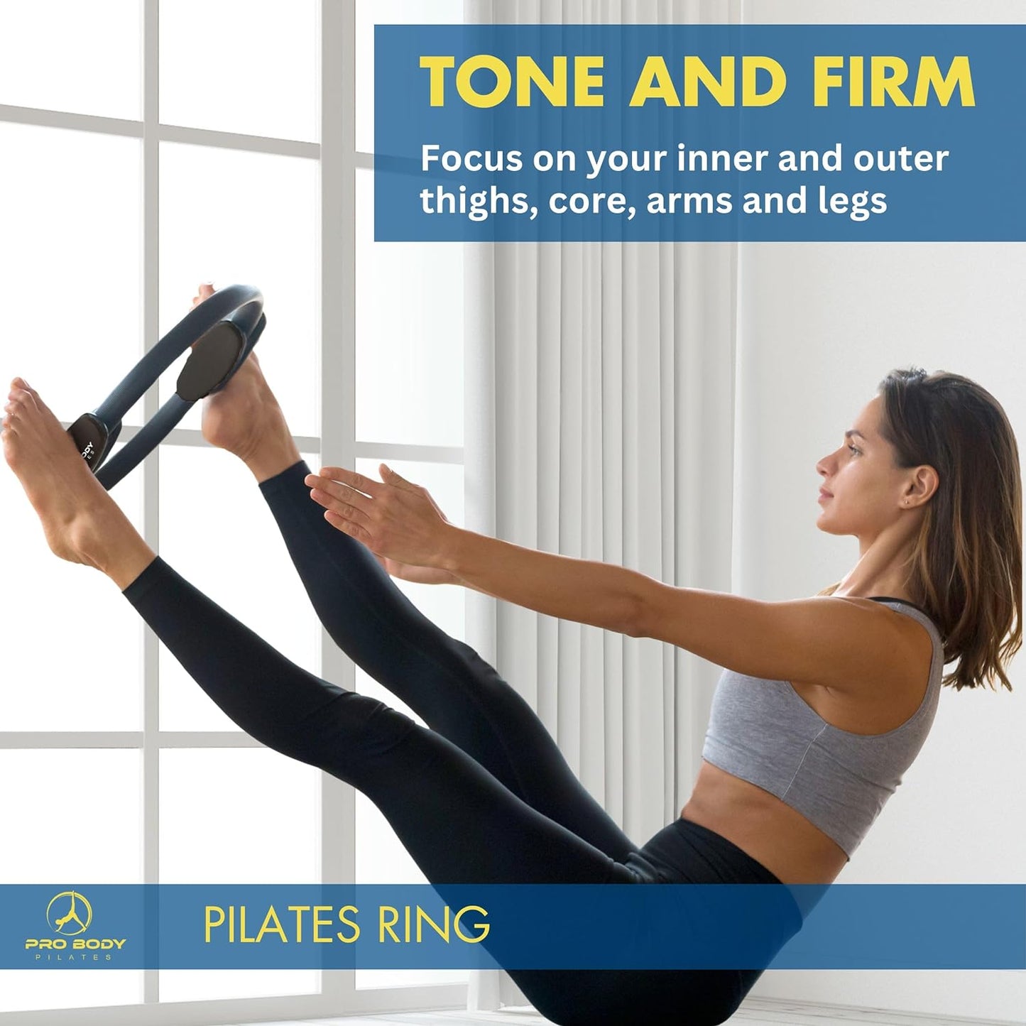 Blue ProBody Pilates 14-inch fitness circle for toning inner thighs, arms, and core during Pilates exercises.