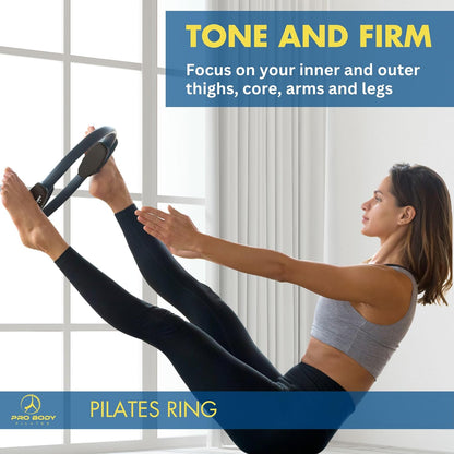 Blue ProBody Pilates 14-inch fitness circle for toning inner thighs, arms, and core during Pilates exercises.