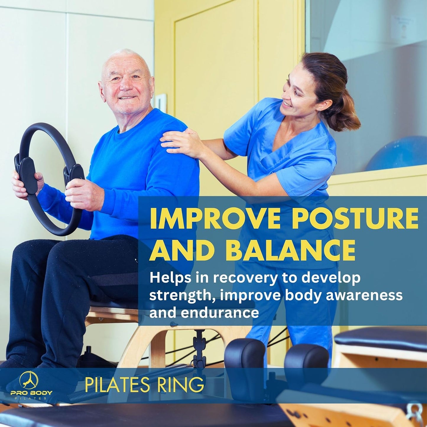 Blue ProBody Pilates Fitness Circle, 14-inch Pilates ring for toning inner thighs, arms, and core during exercise.