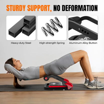 Red RELIFE REBUILD YOUR LIFE sit-up machine, ab crunch equipment for core workouts, home gym abdominal crunch and roll-up exercise.