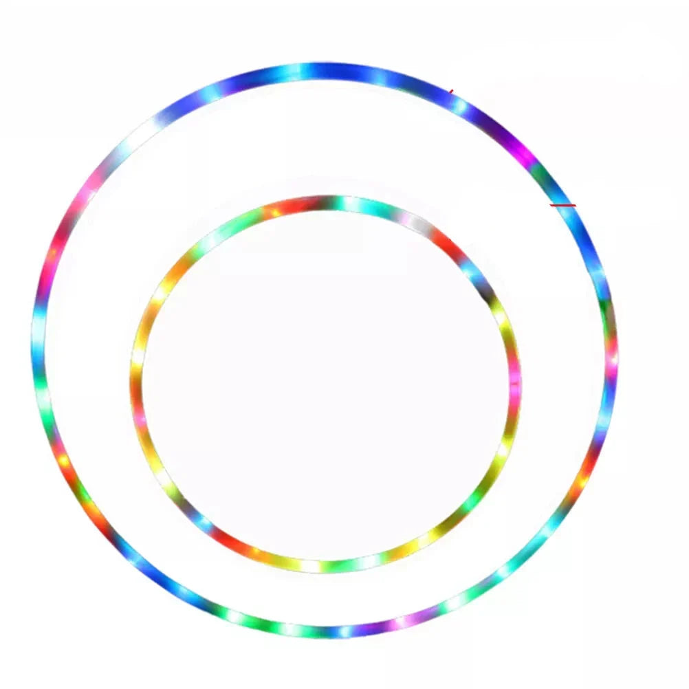 Color changing LED fitness hoop with vibrant lights, featuring three different sizes and a playful design.