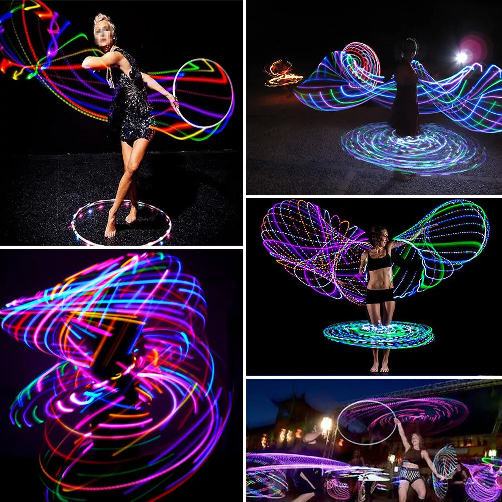 Women showcasing the color changing LED fitness hoop with vibrant light trails in various dynamic movements.