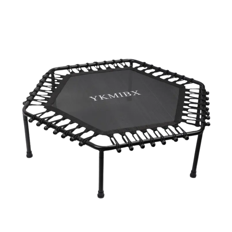 Hexagonal fitness trampoline with a quiet bounce, designed for home gym workouts.